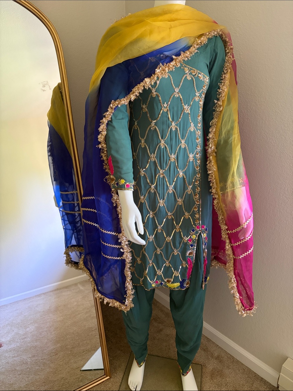Vibrant Green Dress with Colorful Dupatta Indian suit Punjabi suit party outfit